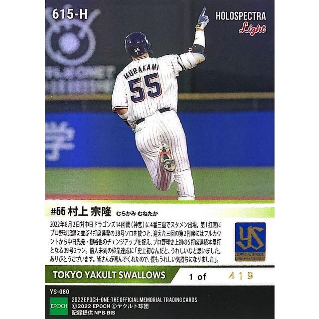エポック ワン【村上宗隆】プロ野球史上初5打席連続本塁打(22.8.2