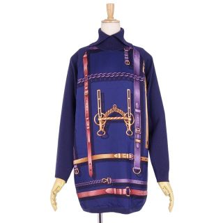 グッチ(Gucci)の美品 グッチ GUCCI ワンピース トム・フォード期 ニット シルク切り替え 総柄 ウール シルク レディース イタリア製 M ネイビー(ひざ丈ワンピース)