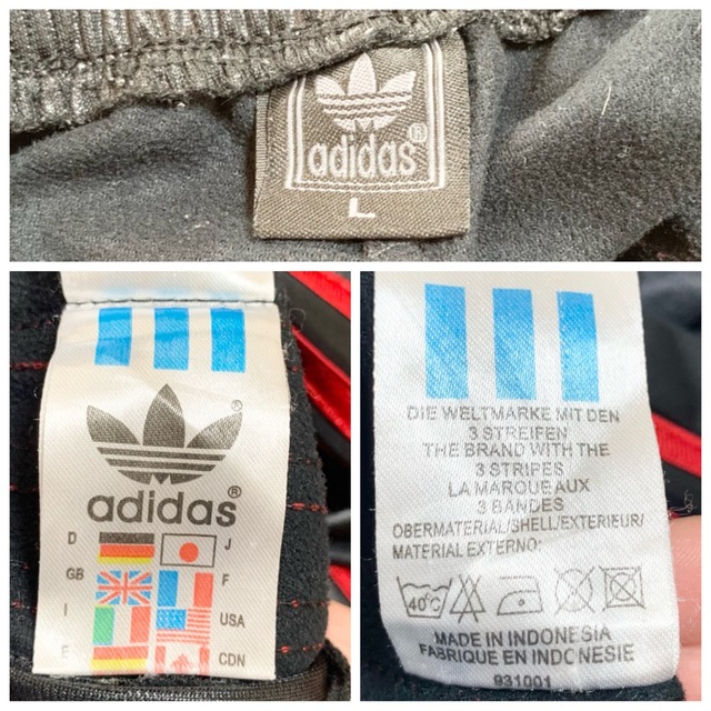 adidas(アディダス)の90s adidas トラックパンツ メンズL 黒 赤 トレフォイル 万国旗タグ メンズのパンツ(その他)の商品写真