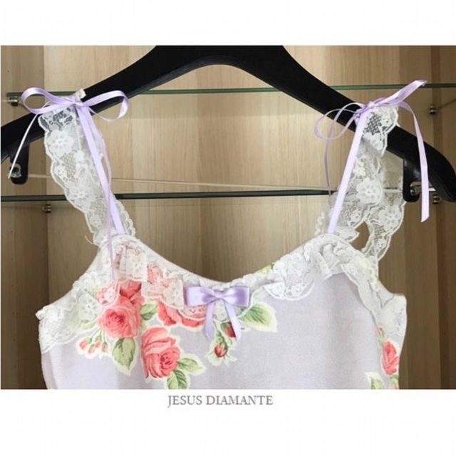 紺×赤 JESUS DIAMANTE レース リボン ローズ キャミソール ラベンダー