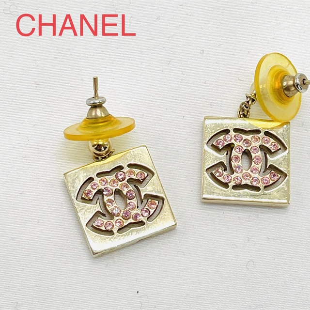 希少 CHANEL シャネル ピアス ココマーク CC スクエア ラインストーン ...