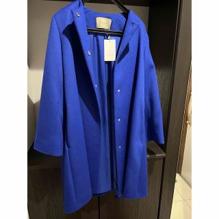 UNITED ARROWS>Aライン ノーカラー ミドル丈 コート B ブルー