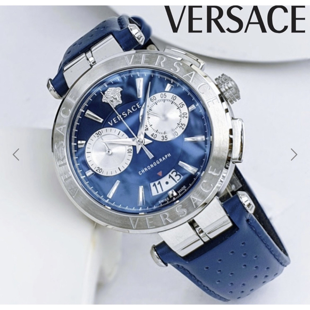 紫③ ヴェルサーチ豪華メンズ高級スイス製クロノグラフ腕時計レザー