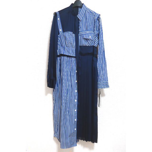 3 新品 22AW Sacai アシンメトリー コットン ポプリン ドレス 青-