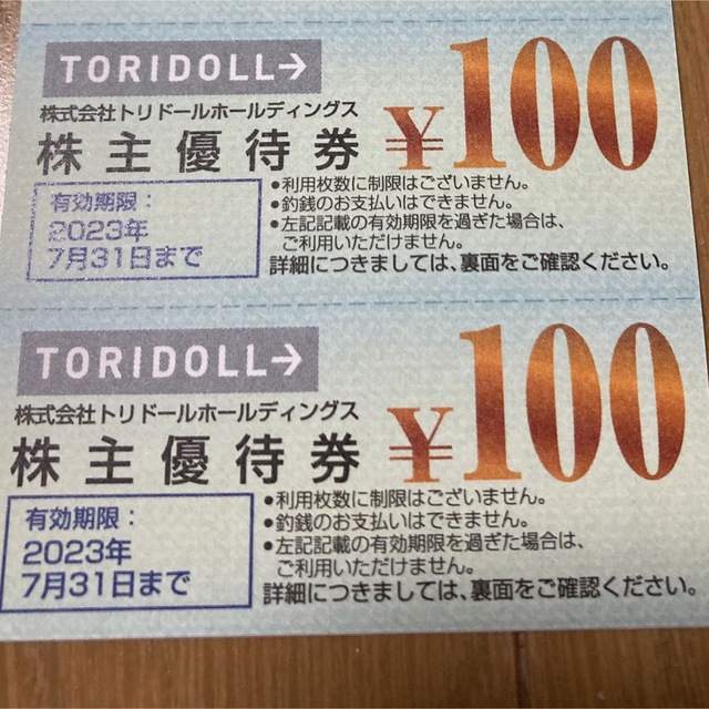 トリドール　丸亀製麺　株主優待200円分 チケットの優待券/割引券(レストラン/食事券)の商品写真