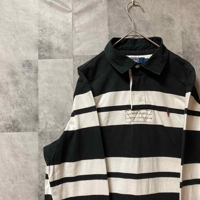 経典 人気カラー - LAUREN RALPH POLO 90s L 白黒 刺繍ロゴ ボーダー ラガーシャツ ラルフローレン ポロシャツ