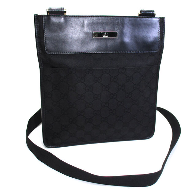 GUCCI マチ無し ショルダーバッグ GGキャンバス レザー ブラック GUCCI マチ無し ショルダーバッグ GGキャンバス レザー ブラック