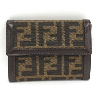 フェンディ(FENDI)のFENDI 三つ折り 財布 ズッカ キャンバス レザー ブラウン ブラック(財布)