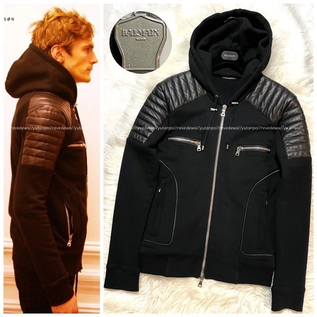 本物 美品 バルマンオム レザー切替 ZIP UP パーカー バイカー 黒 Sのサムネイル