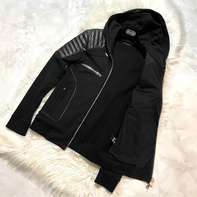 本物 美品 バルマンオム レザー切替 ZIP UP パーカー バイカー 黒 S