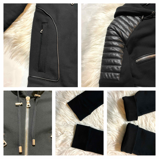 本物 美品 バルマンオム レザー切替 ZIP UP パーカー バイカー 黒 S
