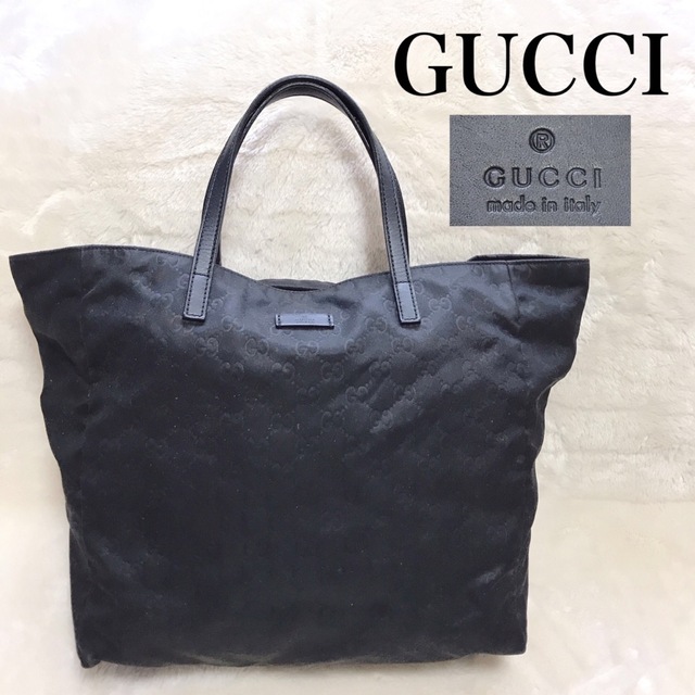 GUCCI グッチ 大容量 A4 トートバッグ GG柄 ナイロン レザー 黒 上質
