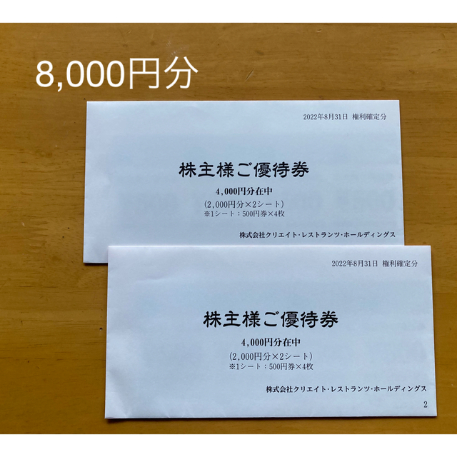 クリエイトレストランツ　株主優待　8,000円分レストラン/食事券