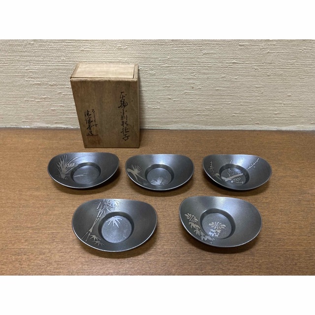 古錫 忠信浄錫 剣木瓜式茶托茶托 5客総重量約215g 煎茶道具 茶道具 托