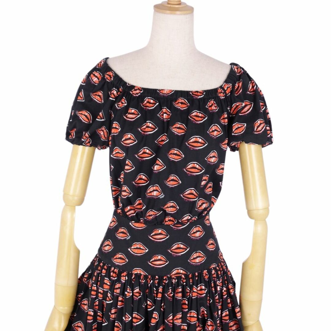 美品 プラダ PRADA ワンピース ショートスリーブ 総柄 コットン トップス レディース 36(S相当) ブラック