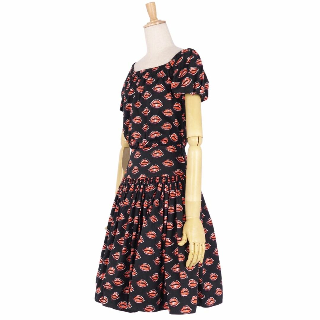 美品 プラダ PRADA ワンピース ショートスリーブ 総柄 コットン トップス レディース 36(S相当) ブラック