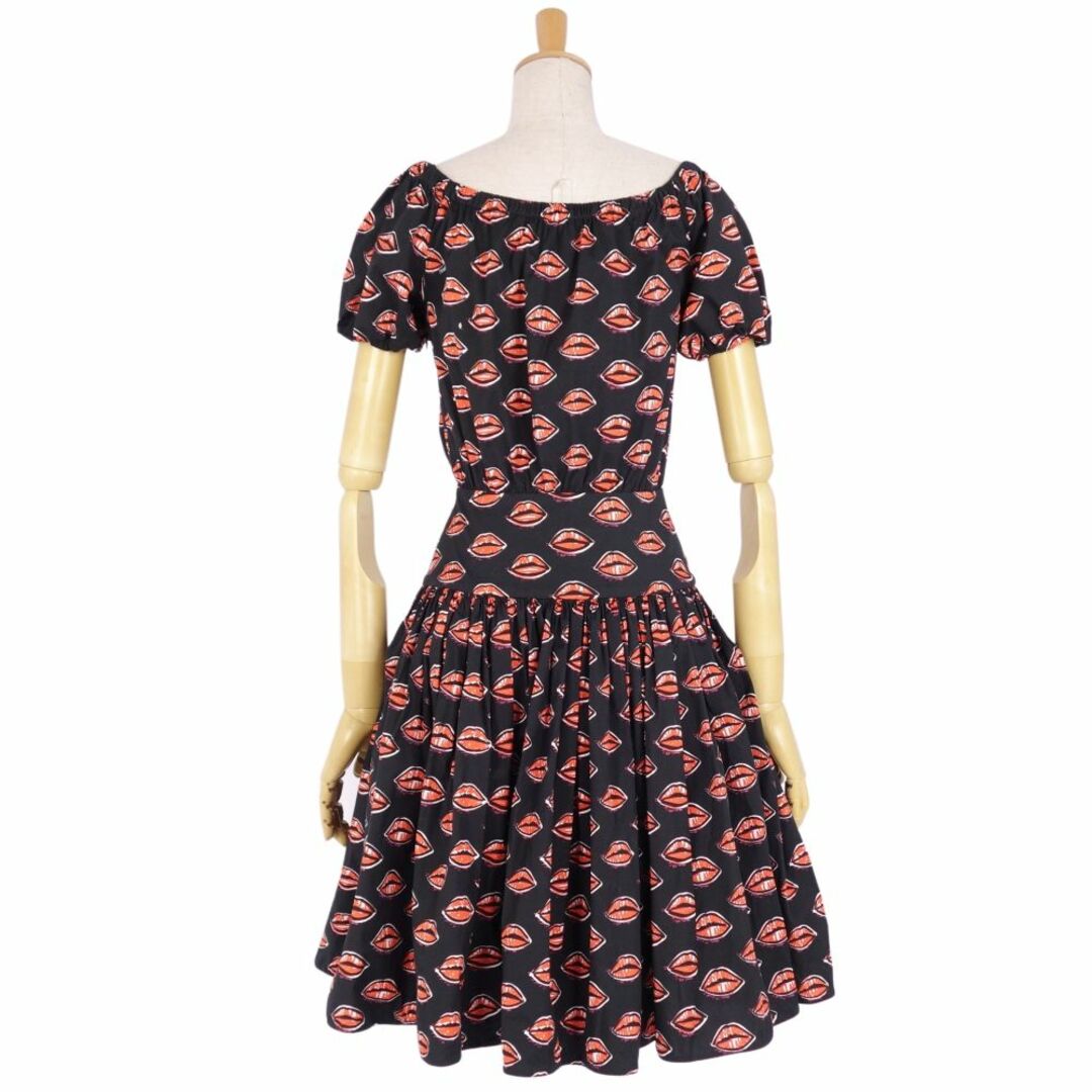 美品 プラダ PRADA ワンピース ショートスリーブ 総柄 コットン トップス レディース 36(S相当) ブラック