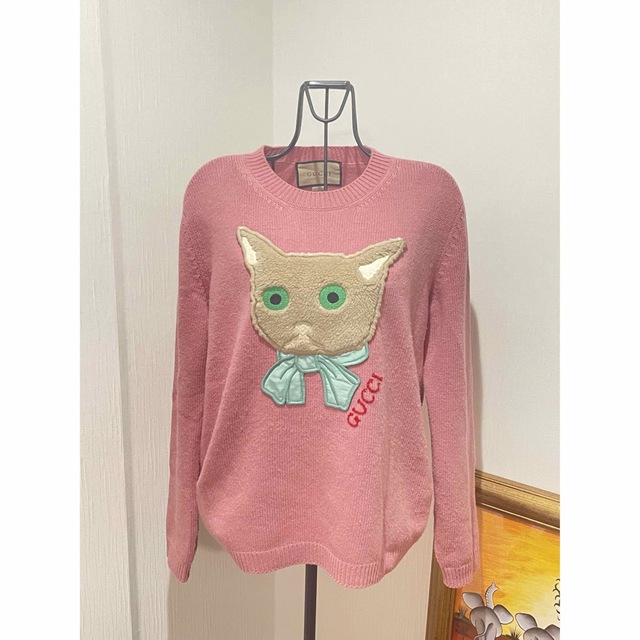 正規品 M サイズ GUCCI グッチ 猫キャットワッペンニットトップス-