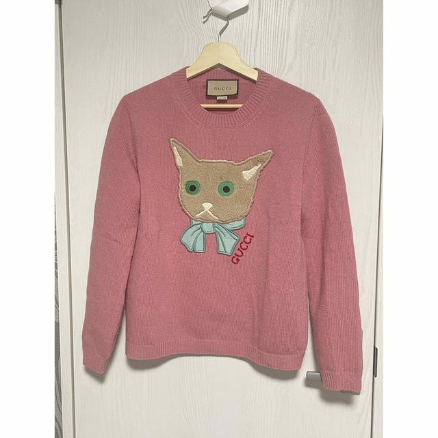 正規品 M サイズ GUCCI グッチ 猫キャットワッペンニットトップス-