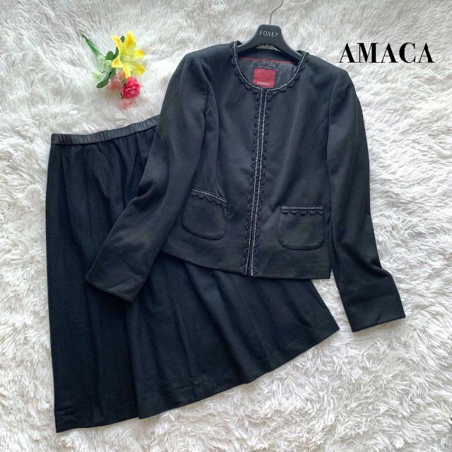 美品】アマカ ノーカラー セットアップ スーツ シルク ブラック L skac.hr