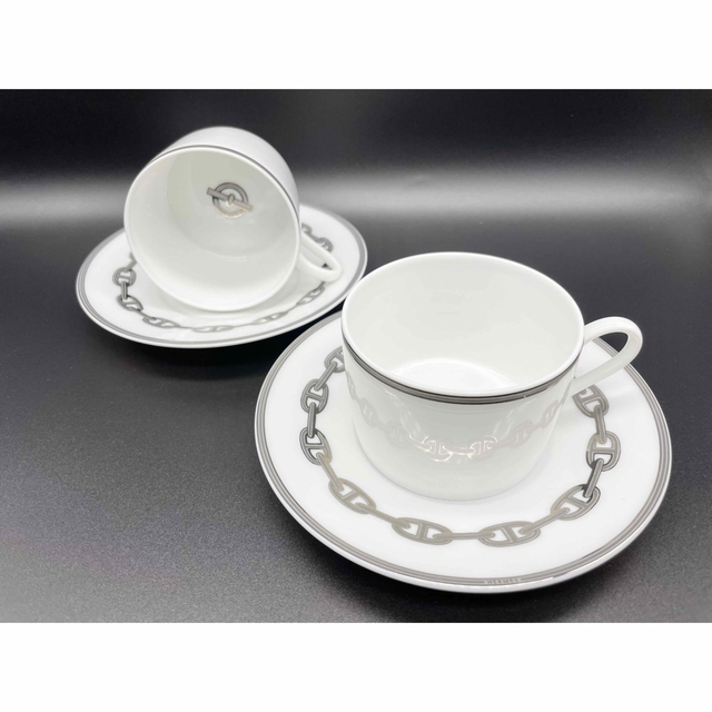 未使用 エルメス シェーヌダンクル プラチナ カップ&ソーサー ペア