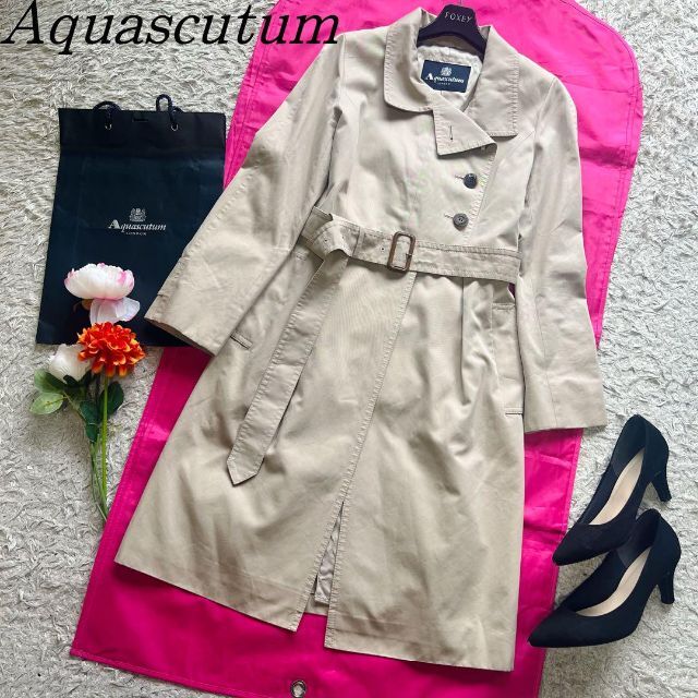 【良品】Aquascutum ロングトレンチコート スタンドカラー 6F S