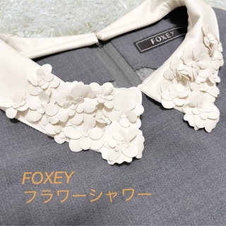 フォクシー(FOXEY)のFOXEY ワンピース フラワーシャワー 38 ソフィーグレー(白襟・黒襟)(ひざ丈ワンピース)