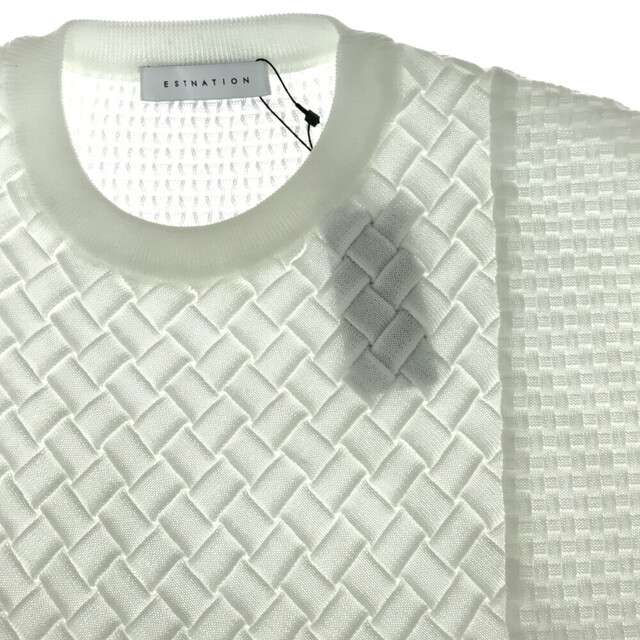 ESTNATION エストネーション リサイクルポリエステル バスケット柄クルーネックニットカットソー ホワイト 半袖Tシャツ 21-234-12-040186