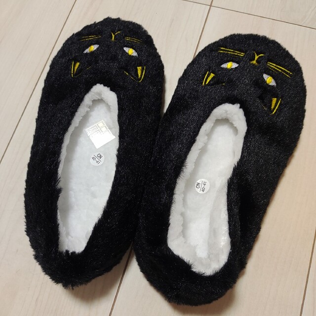 全商品オープニング価格 猫 ネコ ルームシューズ 黒猫 リボン グレー
