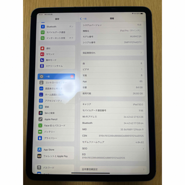 SIMロック解除済み iPad Pro 11 第一世代 64Gセルラー