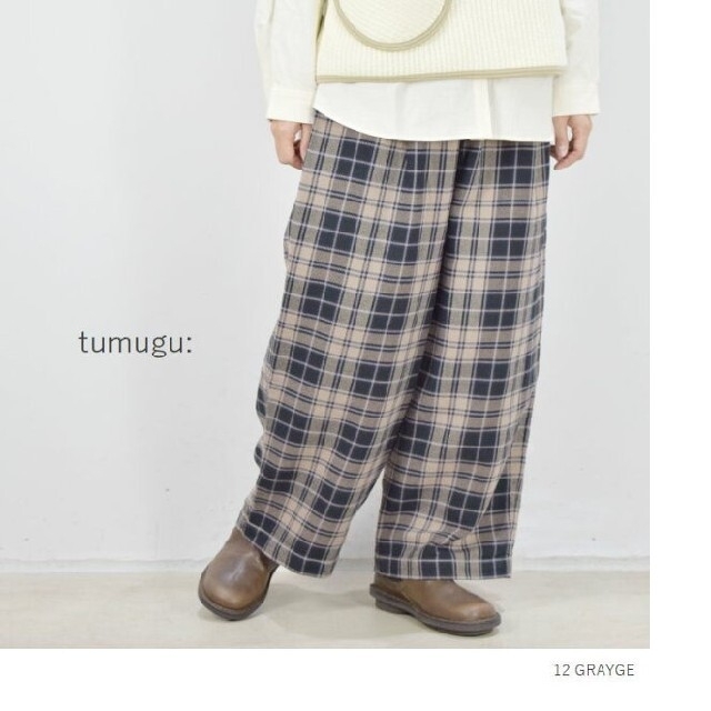 流行に tumugu オックスフォードチェックワイドパンツ - パンツ