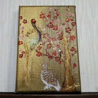 風水開運絵画＊幸梅と夫婦キジ　紅白梅　ペアつがい　春　金運　出会い　吉兆　縁結び(アート/写真)