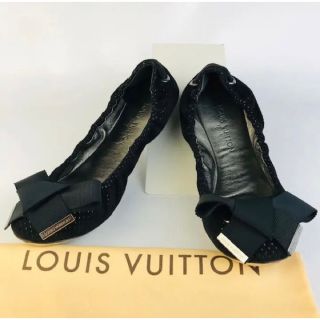 ルイヴィトン(LOUIS VUITTON)の美品★ルイヴィトン・レザー ビックリボン ロゴ刻印 バレエシューズ(34)(バレエシューズ)