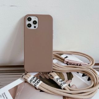 iPhone12promaxケース　ショルダーケース　紐付き　茶紐　ベージュ(iPhoneケース)