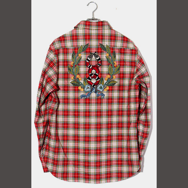 新発売】 Gucci レッド 48 ワークシャツ 長袖 チェック柄 蛇刺繍