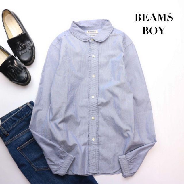 BEAMS BOY(ビームスボーイ)のBEAMS BOY / フリル ダンガリーシャツ 丸襟 長袖 ストライプ ブルー レディースのトップス(シャツ/ブラウス(長袖/七分))の商品写真