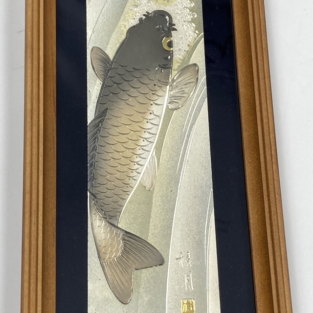 彫金画 桂月 絵画 鯉の滝登り のぼり鯉 アンティーク 金 銀 真鍮 1
