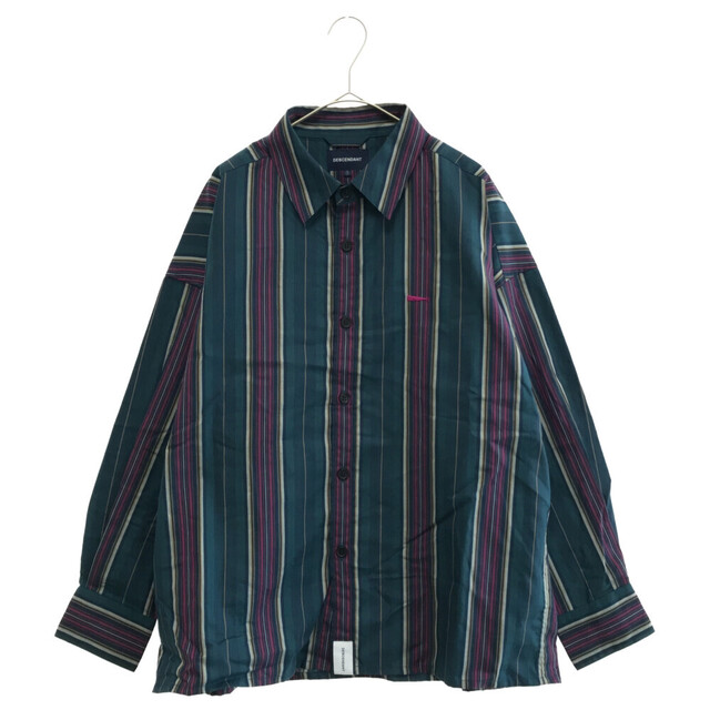 DESCENDANT ディセンダント CHIEF MULTI STRIPE LS SHIRT　ストライプワンポイント刺繍ロングスリーブシャツ　グリーン　マルチ