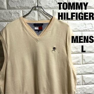 トミーヒルフィガー(TOMMY HILFIGER)の90s トミーヒルフィガー　ニットベスト　刺繍ロゴ　アイボリー　メンズLサイズ(ベスト)