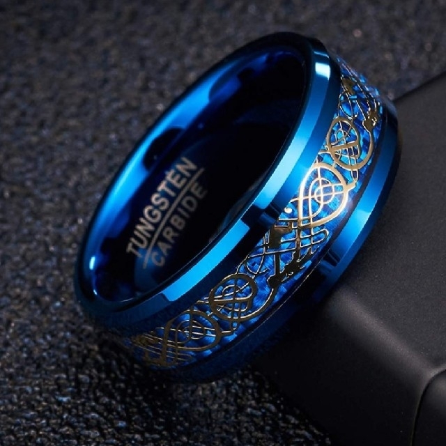 X742 リング 指輪 タングステン ドラゴン 耐久性 ブルー 龍紋 プレゼント