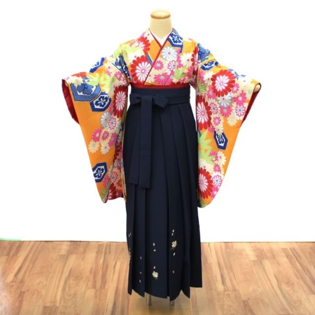 袴用着物 二尺袖 小振袖 オレンジ 古典柄 ショート丈 卒業式 袴衣装