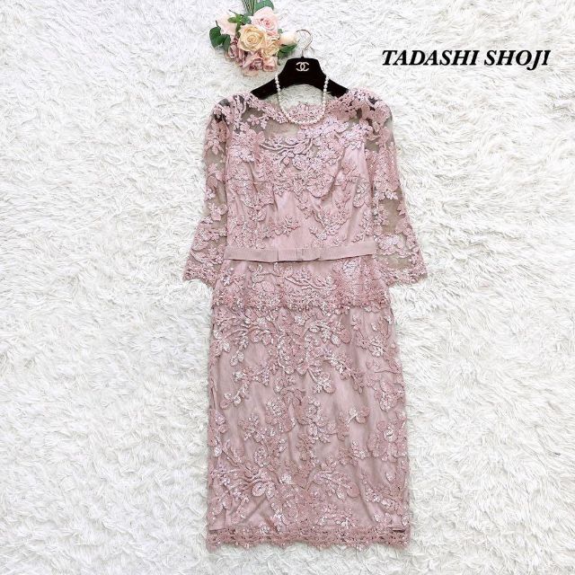 【美品】TADASHI SHOJI　ひざ丈ワンピース　花柄刺繍　スパンコール　2