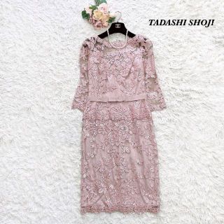 タダシショウジ(TADASHI SHOJI)の【美品】TADASHI SHOJI　ひざ丈ワンピース　花柄刺繍　スパンコール　2(ひざ丈ワンピース)