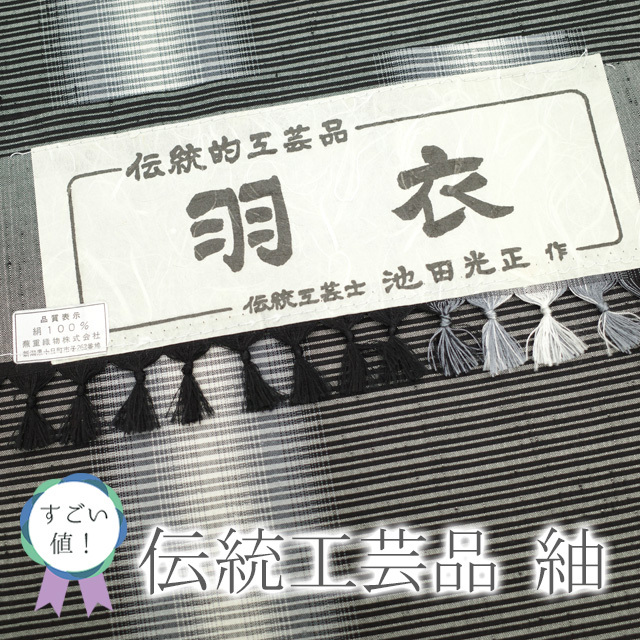 すごい値！ 紬 袷 着物 伝統工芸士 池田光正 蕪重織物 十日町 羽衣 黒地 縞 新古 仕立て上がり 身丈159 裄64.5 Ｍ みやがわ nek00362