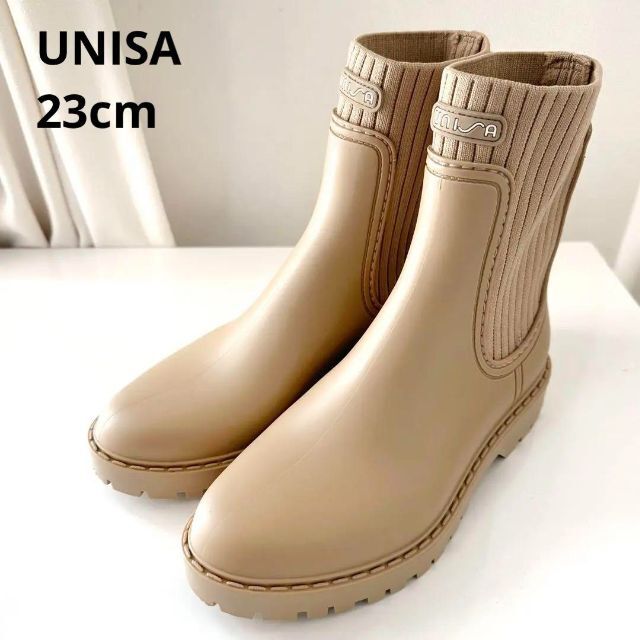 UNISA(ユニサ)の超美品▲UNISA // リブデザインレインブーツ▲23cm▲ベージュ レディースの靴/シューズ(レインブーツ/長靴)の商品写真