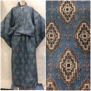 着物リメイク 青 洋風柄 ショート丈羽織 ロングスカート(ロングワンピース/マキシワンピース)