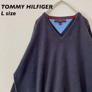 トミーヒルフィガー(TOMMY HILFIGER)のトミーヒルフィガー　ニット　セーター　Vネック　男女兼用　刺繍ロゴ　ネイビー　L(ニット/セーター)