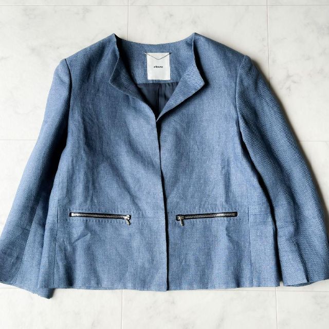 柔らかい 極美品✨ エブール リネン ノーカラージャケット ブルー 36