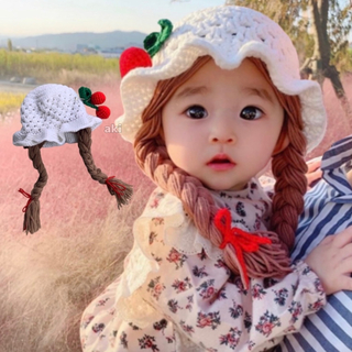 子ども用 三つ編み フレア ニット帽 なりきり 可愛い さくらんぼ チャーム付き(帽子)