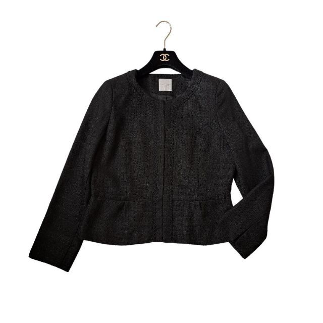 美品 オペークドットクリップ ノーカラージャケット ツイード 黒 ブラック L